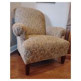 Accent Chair, Antique Gold Brocade jacquard damask upholstered, rolled arms, wood legs. Back height 41', 40' W, 41' Deep. Front corners have slight cat scratches if clipped away would be barely notice