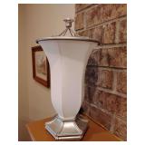 Pair Parlor Table Lamps Inverted Upside Down Bell Fabric Shade Metal Accents, 15' T x 8' across at top,  they are wired together for placement on either side of mantle. Other contents not included.