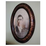 Antique Tiger Wood Oval FRAME Convex Bubble Glass Picture Portrait, 24 3/4' L x 19' W.