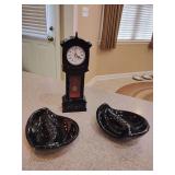 Pair vintage mid-century modern black ceramic ashtrays, 'Nautilus shell' or 'amoeba' shape. Miniature, battery-operated quartz grandfather clock.