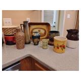 Mix: Handmade Ceramics, Tole painted pan & urn, Brown/White pitcher cracked.