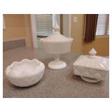 Vintage Westmoreland milk glass pedestal candy dish in the 'Old Quilt' pattern. Vintage Indiana Glass Duette Milk Glass Rose Bowl featuring a quilted diamond pattern and a crimped, scalloped rim. Vint