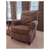 Fairfield Upholstered Chair, rolled arms, wood legs, loose back cushion, back height 42', seat height 20', 35' W. Medium wear, slight cat scratches.