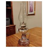 Vintage P & A Mfg. glass oil lamp, circa 1900, likely a finger lamp style designed with a handle for carrying. 14 1/2' T, may be modern chimney.