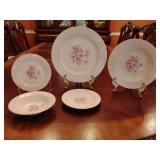 Homer Laughlin's Mary Anne 5 piece place setting, dinner plate, soup bowl ***has crack***, bread/butter plate, fruit/dessert bowl, saucer ***has crack***. See pics.