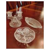 Federal Glass double candlestick holder in the 'Wigwam' pattern, Antique American Brilliant Period cut glass bowl, clear lead crystal. Indiana Glass relish dish in the 'Pretzel' pattern
