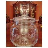 Etched crystal candy jar with a lid. 8 1/4' T x 6 1/4' W.