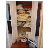 The Linen Closet all contents: 2 Vintage Crochet, cotton, fleece Blankets, many Sheets, Foam pads 1 New,  Comforter, New Xtra long Bath Mat, New Pillow Cases, 2 New sets queen T-Shirt Soft sheet sets.