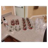 Christmas Glassware:  Candy Dishes, Soap Dispenser, Highballs, Coffee Cups, Coca-Cola Glasses. 21 pieces.