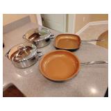 Revere Ware 3 1/4 qt. and 2 1/2 qt. Sauce Pans, and Gotham Steel Copper Skillets.