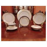 Sone China 7 piece place setting, dinner plate, salad plate, bread & butter plate, soup bowl, fruit/dessert bowl, tea cup & saucer. Stunning black & gold pattern, hand painted. Made in Japan.