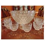 Vintage Federal Glass Yorktown Thumbprint pattern punch bowl set, bowl and 9 matching cups. Added Ladle.