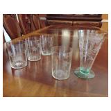 1 Vintage Parfait Glass, Etched Clear Body with Green Pedestal and Bottom, one small chip in rim and 4 Star Flower wheel cut etched glass tumblers.