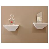 Collectible clear art glass figurine shaped like a cat with a red fish suspended inside its belly 6' T, Mirrored glass floating angel candle holder 7' T, 2 Crown moulding decorative display shelves 8'