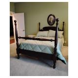 40's Pineapple 4 Post Mahagony Full Bed. May have recently been refinished, beautiful. Older box spring, newer firm mattress 6 years old, 59' W x 80' L x Posts 56 1/2' T. Dark gray T-shirt sheets, two