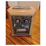 Antique Post Office Box Door Bank, featuring a decorative metal eagle door, typically from the early to mid-20th century, housed in a handcrafted wooden casing. 6 1/2' T x 5' W.
