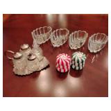 Condiment set, glass shakers, lidded jar, bottle with stopper on a silver-leaf tray, 4 Princess House crystal spoon and fork rest holder, Figi's Inc peppermint candy stripe salt and pepper shakers