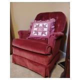 Vintage Swivel Rocker Accent Chair, mauve, Velvet, handcrafted quilted throw pillow, back height 36', seat height 18' x 29' W. Good condition.