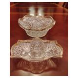 2 Antique Early American Pressed Glass bowls with gold rims, that are worn with age