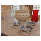 Vintage Glass Snack Bowl Trio with Silver Grapevine Band, Vintage ruby red flash bulbous glass vase, Embossed white ceramic vase, featuring a decorative relief pattern. Clear glass vase features a rib