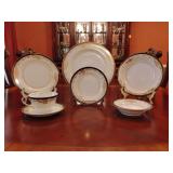 Sone China 7 piece place setting, dinner plate, salad plate, bread & butter plate, soup bowl, fruit/dessert bowl, tea cup & saucer. Stunning black & gold pattern, hand painted. Made in Japan.