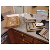 Mixed Lot: Display Mantle, Basket, Stray Casserole Lids, Glass Globes, 3 Photo Albums, Digital Photo Frame, 6 Picture Frames