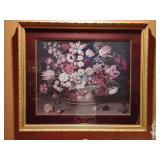 Framed art print of Corbeille de Fleurs (Basket of Flowers), a famous 17th-century still life painting by French artist Jacques Linard. Fabric matte, gold frame, 39' x 33'.