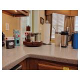 Wooden Lazy Susan organizer, Paper Towel Dispenser, Stainless Steel Cups, Spices, Straws/Stirrers