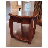 Concierge Round End Table, single drawer, display shelf at bottom, rounded square top, oak, 25' T x 24' W x 28' D, few nicks and scratches.