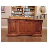 Desk, Oak, Traditional, Mfg. Winners Only Inc., Black Rubbed Hardware, with keys to locking side drawers, 2 pull out lunch trays, electric cord drop thru holes. 73' L x 30 3/4' T x 37' Deep. Other con