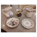 Vintage Ardalt Lenwile hand-painted porcelain pedestal bowl, rose design, scalloped rim with gold trim, numbered '6200N'. Blue & White Pitcher no marks, Small hand-painted pitcher gold trim, Vintage c