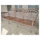 Classic Basket Weave cast aluminum 3 seat Patio settee. Warm Brown.  83 1/2' L, 33' deep, 34 1/2' H. Cushions included.  Finish has chipped off in two places, under cushions, see pics.