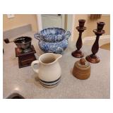 Vintage Bombay Company blue and white ceramic chinoiserie jardiniere or planter, Vintage-style manual coffee grinder, featuring a wooden base with a pull-out drawer and a metal hopper with a hand cran