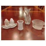 Bohemian salt and pepper shaker matching tray, Small pressed glass vase, Clear glass cruet, no stopper, Federal Glass Diana Crystal Oval Creamer.