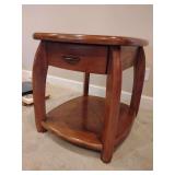Concierge Round End Table, single drawer, display shelf at bottom, rounded square top, oak, 25' T x 24' W x 28' D, no visible scratches.