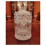 Vintage Biscuit Jar: Lidded, Double Decker, 11' T x 6' across, 3 piece. Has paint drop on lid.