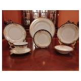 Sone China 7 piece place setting, dinner plate, salad plate, bread & butter plate, soup bowl, fruit/dessert bowl, tea cup & saucer. Stunning black & gold pattern, hand painted. Made in Japan.