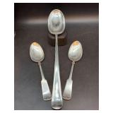 (2) 1881 Rogers serving spoons and (1) Gerity G48 silverplate basting spoon
