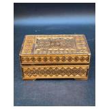 Vintage Indian wooden trinket box featuring intricate marquetry…..4-1/2 x 2-3/4 x 2-1/4 tall
