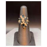Gold-tone cocktail ring with blue and clear stones…..size 5-1/4