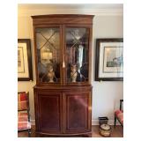 English Mahogany Inlaid Cabinet/Secretary.  43“ x 19“ x 88“. The top has three wood shelves, the bottom has a single shelf. The pullout drawer has 3 leather gold inlay sections.. great condition
