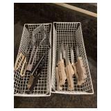Set of eight Chicago country, steak, knives, and a basket of mixed cooking utensils