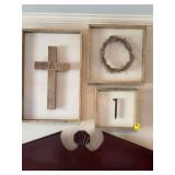 Group of three decor pieces. The cross measures 19 1/4“ x 29 1/2“. The nail measures 13 1/2 x 13 1/4.. the crown of thorns measures 18 1/2 x 18 1/2