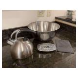 14 x 7“ Metro stainless steel mixing bowl, OXO teapot, bless this house and slate trivet