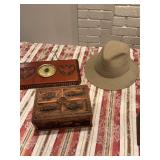 Hanging leather scout clock, a size small Dorfman Pacific hat, and a fish jewelry box 9 x 6 x 4,