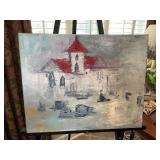 Hand painted canvas of an old church by D Hill, 20“ x 16“