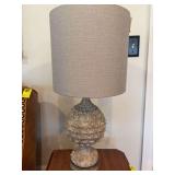 Nice Tan lamp.  27“ x 9“ shade is 12“ x 11“.