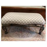 Metal bench in cream and tan covering.  47“ x 21 1/2“ seat is 20 inches from floor