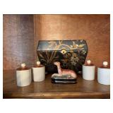 Oriental look wooden box, 4 small copper lid canisters, and a Flitz and Floyd trinket box.￼ The wooden box is 11“ x 7“ x 8“ the trinket box is 5“ x 4“ and the small limited jars are 2 1/2�