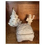 Three Lennox pieces; the Christmas tree is 6” x 7”, the Snowman is 3” x 4” and the dresser box is 4 1/2 in.²